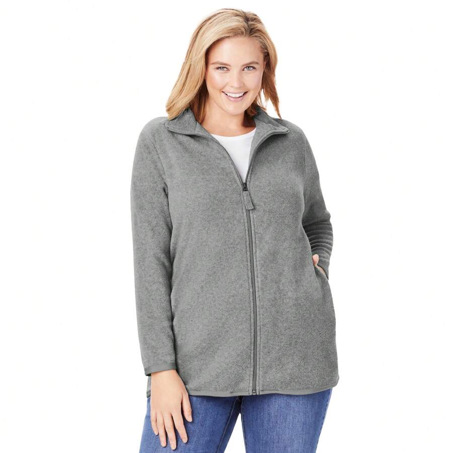 Woman Within Plus Size Zip-Front Microfleece Jacket - MEDIUM HEATHER GREY - View 1