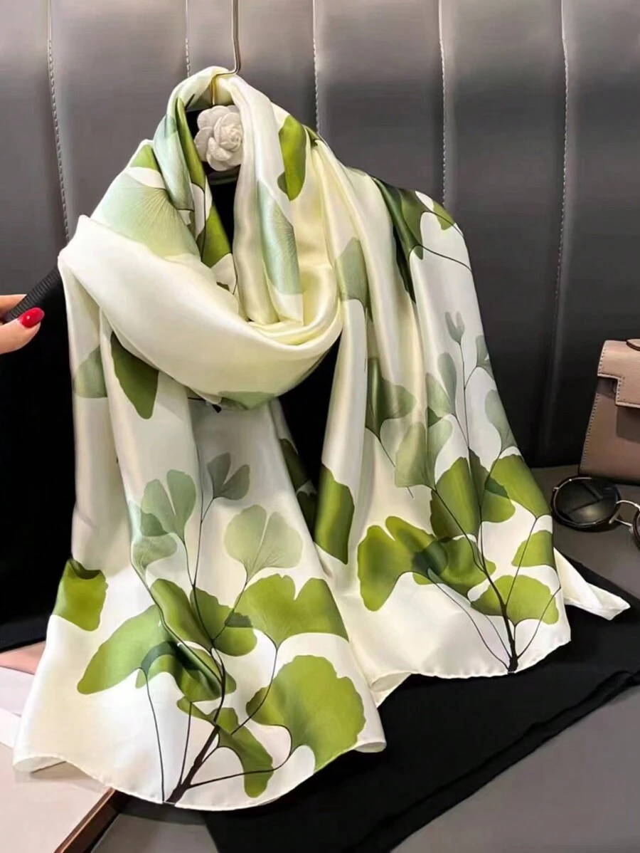 1件装女士仿丝缎印花围巾/披肩，适合日常佩戴，四季皆宜 - 綠色 - 查看 1