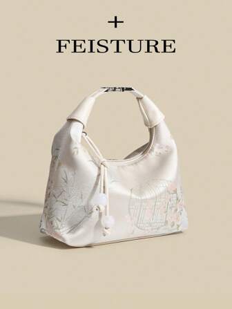 FEISTURE 1pc Solid Color Nylon Fabric Chinese Style Embroidery Pattern Handheld Bucket Bag, Suitable For Shopping, Dating, Women's Gifts, Office Ladies, Perfect For Work, Campus, Commute