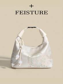 FEISTURE 1入實色尼龍布中式刺繡圖案手提水桶袋，適用於購物、約會、女士禮物、上班族、校園、上下班等場合 - 米色 - 查看 5