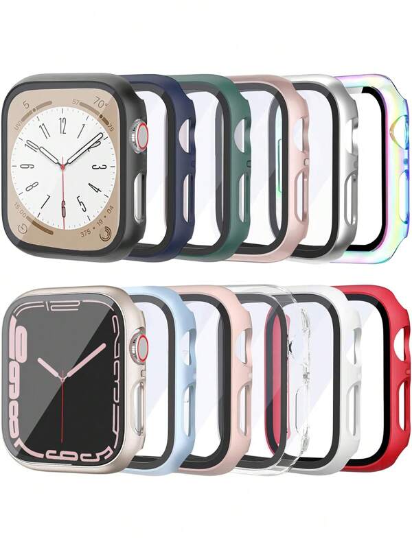 12pcs/Set Unisex PC + Tempered Glass Integrated Watch Case, Anti-Drop Fashion Casual Protective Cover, Compatible With Apple Watch 38/40/41/42/44/45/46/49mm, Compatible With Apple Watch Series Ultra/SE/10/9/8/7/6/5/4/3/2/1, Smartwatch Accessories