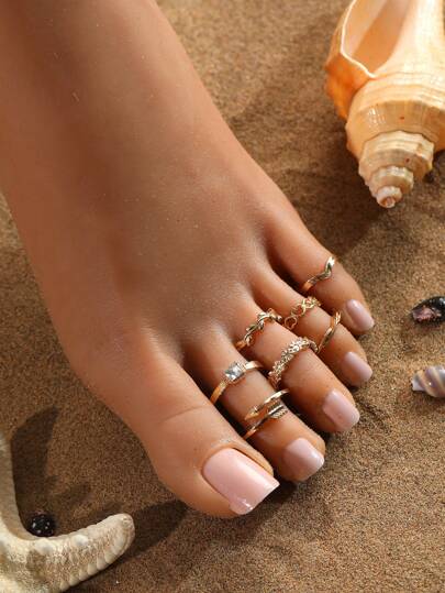 7pcs Fashionable Inlaid Rhinestone Toe Rings Set Including Heart, Leaf And Flower Shapes, Ideal For Beach Vacation Wear
