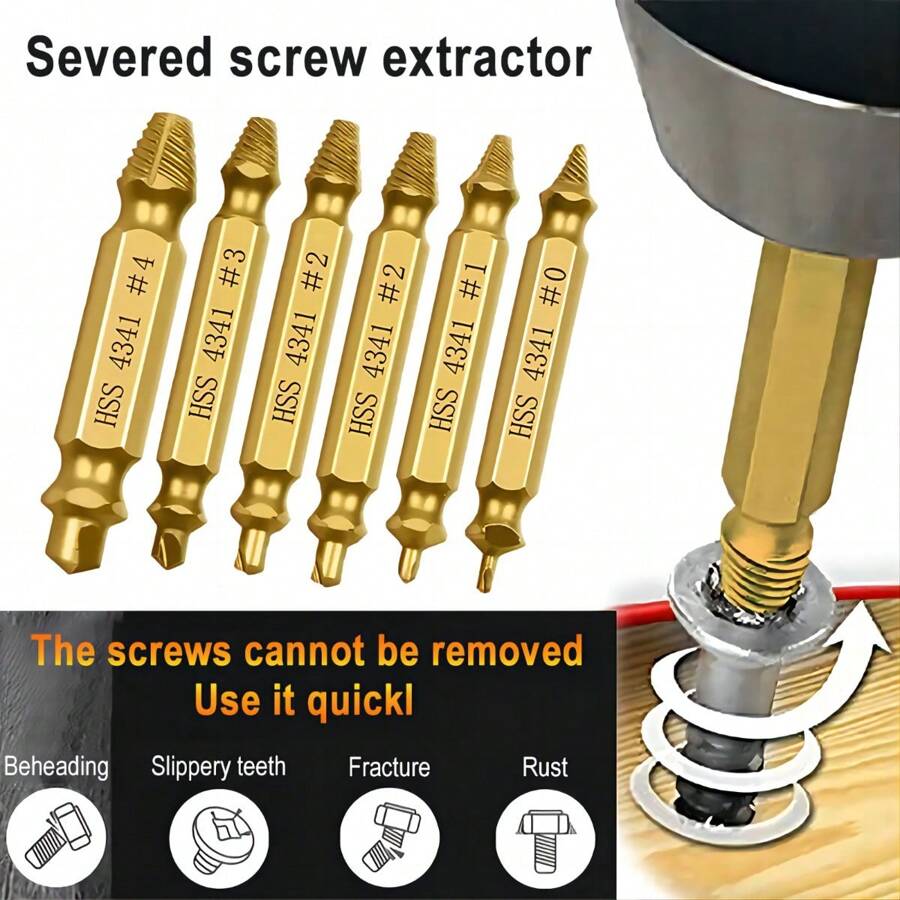6pcs Damaged Screw Extractor Set: Double Head Screw Remover Tools For Easy Out Bolt Extractor & Broken Head Screw Removers - High Speed Steel - Multicolor - View 1