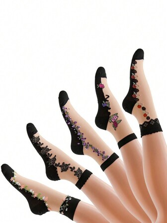 5 Pairs/Lot Ladies Charming Floral Pattern Mid-Calf Socks For Spring/Summer With Odor-Resistant And Moisture-Wicking Features, Fall