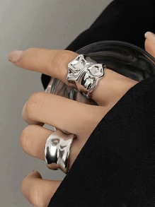 2入組紋理質感開口戒指 - 銀色 - 查看 8