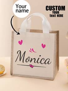 1pc Custom Linen Canvas Tote, Personalized Personalized Text/Logo/Photo/Name Print, Foldable Large Shoulder Bag For School, Office & Teacher Gift - Multicolor - View 1