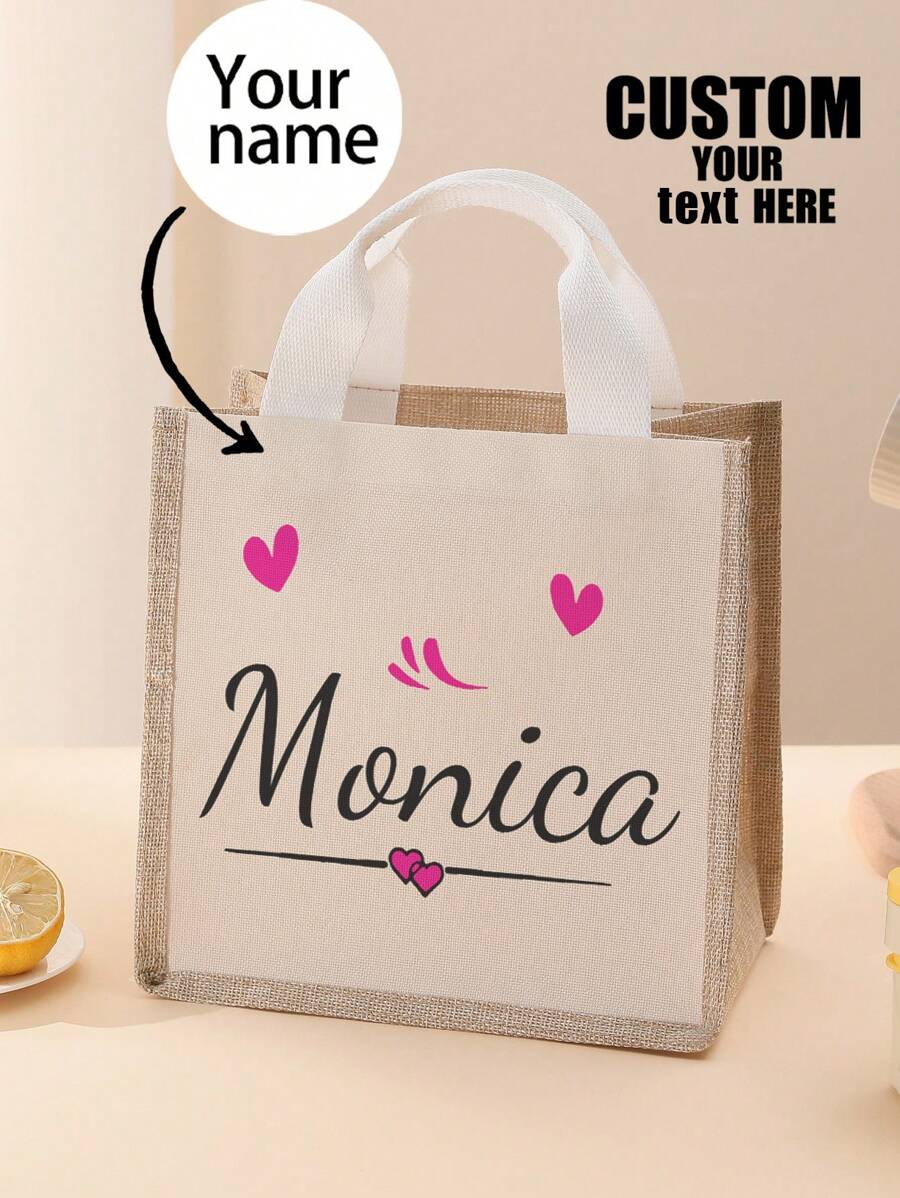 1pc Custom Linen Canvas Tote, Personalized Personalized Text/Logo/Photo/Name Print, Foldable Large Shoulder Bag For School, Office & Teacher Gift - Multicolor - View 1