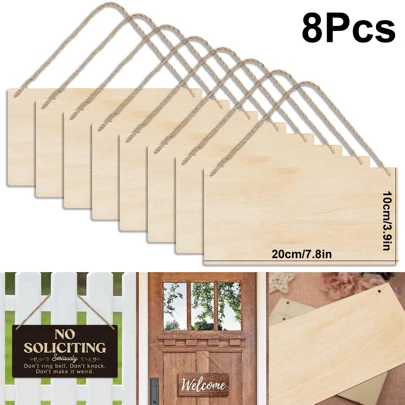 8pcs Unfinished Basswood Sign 20x10cm/7.8x3.9in Blank Rectangle Hanging Wooden Plaque DIY Craft Project Wood Sign With Rope Door Wall Art Decorative