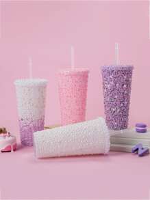 1 pieza Vaso brillante de 12 Oz (aprox. 340 g) hecho a mano con cristales, con tapa y pajita incorporados - Perfecto para personalizar, café con hielo, agua, para la oficina, fiestas en casa o en la playa, regalo para dama