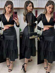 Saia Midi Em Camadas Couro Courino Coleção de Inverno - Preto - Visão 2