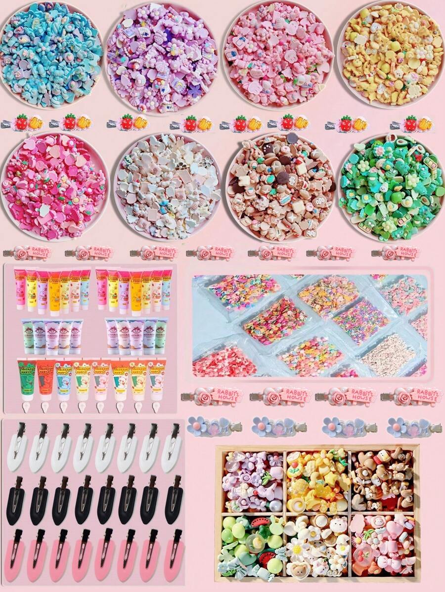 共34件DIY发饰套装，包括9个黑白发夹、2个随机颜色仿真花蕾（带2朵花头）、20个随机树脂配件、1个碎片配件，可爱发饰，共有八种颜色可选：（绿色、白色、粉色、玫瑰色、蓝色、紫色、黄色、咖啡色）。适合夏季和校园佩戴。