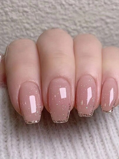 バレエグリッター ベタつかない ファンデーション ジェル 1個と ネイルファイル 1個付きの字型24ピースのデザインショートネイル、日常着用、パーティー、ダンスイベントに最適なフルカバーネイルアートセット