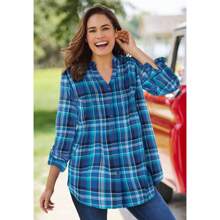 Woman Within Women's Plus Size Pintucked Flannel Shirt - 亮鈷藍色水牛格子佈 - 查看 2