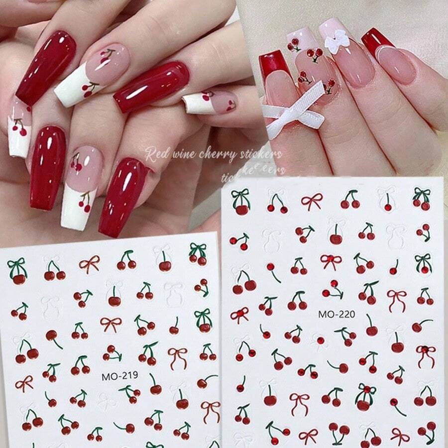 4 PCS / Cute Wine Red Relief Cherry Nail Sticker For Press-On Nails Nail Stickers DIY - Multicolor - View 1