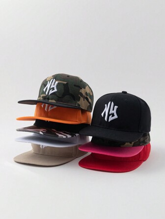 街頭風格1入女士時尚純色迷彩刺繡NY平沿棒球帽，適用於春夏日常穿著和旅行