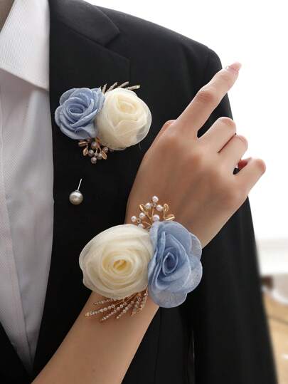 1pc Champagne & Blue Dual Flower Corsage + 1pc Wrist Flower Decor, Elegant For Wedding, Groom, Bride, Bridesmaid, Party, Daily Wear Valentine's Day Accessories