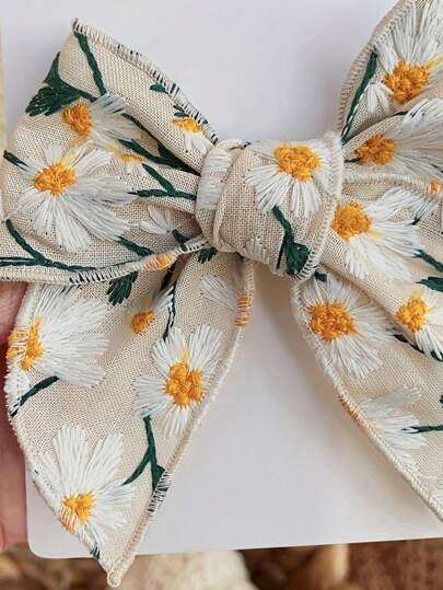 1 pieza Accesorio para el cabello de lino para niños, diseño de moño con bordado de margarita y decoración con borlas