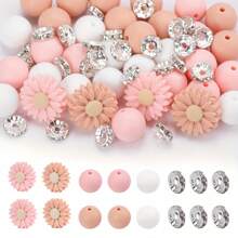 56pcs Daisy Shaped Silicone Beads With Rhinestone & Glass Rhinestone Spacers, DIY Jewelry Making Supplies For Necklaces, Keychains, Etc. - Multicolor - View 4