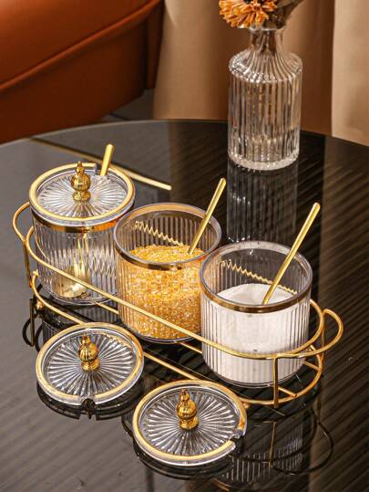 Luxury Seasoning Jar Kitchen Storage Oil Salt & Spice Container Set With 3 Jars And A Spoon