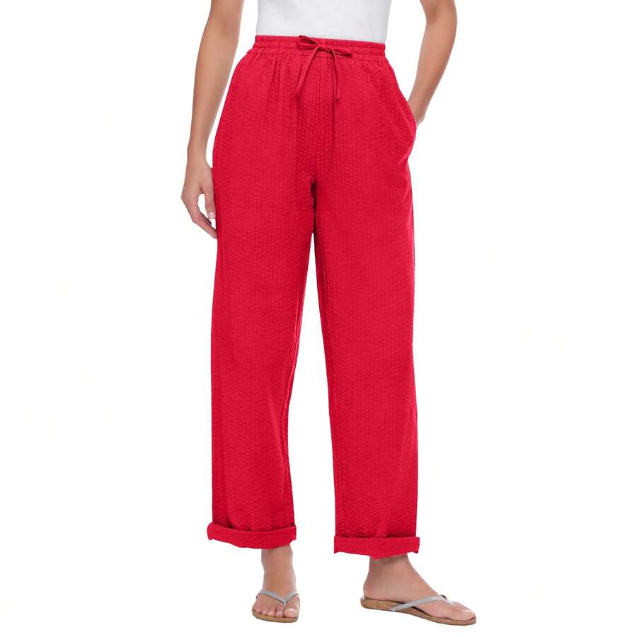 Woman Within Plus Size Seersucker Pull-On Elastic-Waist Pants - 鮮豔的紅色 - 查看 1