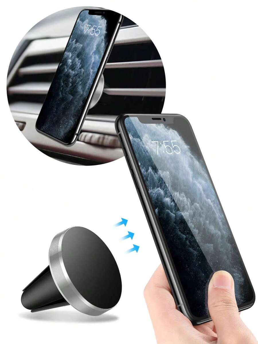 Car Phone Holder, Round Air Vent Mount 360° Rotation Mobile Phone Holder - Silver - View 1