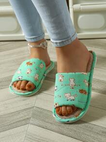 Women Cute Cartoon Cat Summer Linen Slippers, Open Toe House Slippers For Indoor And Outdoor Use - Mint Green - View 5