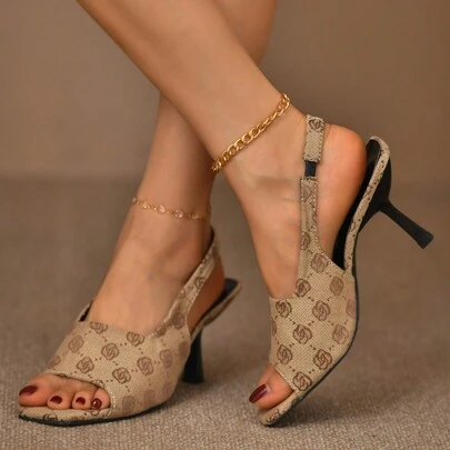 Plus Size Women Open-Toe High Heel Printed Sandals With Thin Heels And Square Toes, New In Spring 2024, European And American Style
