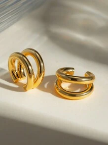 Uworld 1 件个性化时尚 18K 镀金不锈钢双层夹式耳环，适合女性日常装扮 - 金黃色 - 查看 3