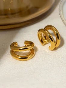 Uworld 1 件个性化时尚 18K 镀金不锈钢双层夹式耳环，适合女性日常装扮 - 金黃色 - 查看 4