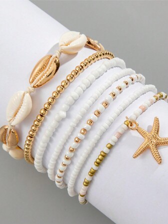 Conjunto de 7 brazaletes para mujer trenzados de cuentas de arroz con estrellas de conchas de aleación al estilo europeo y americano, perfecto para playa de verano
