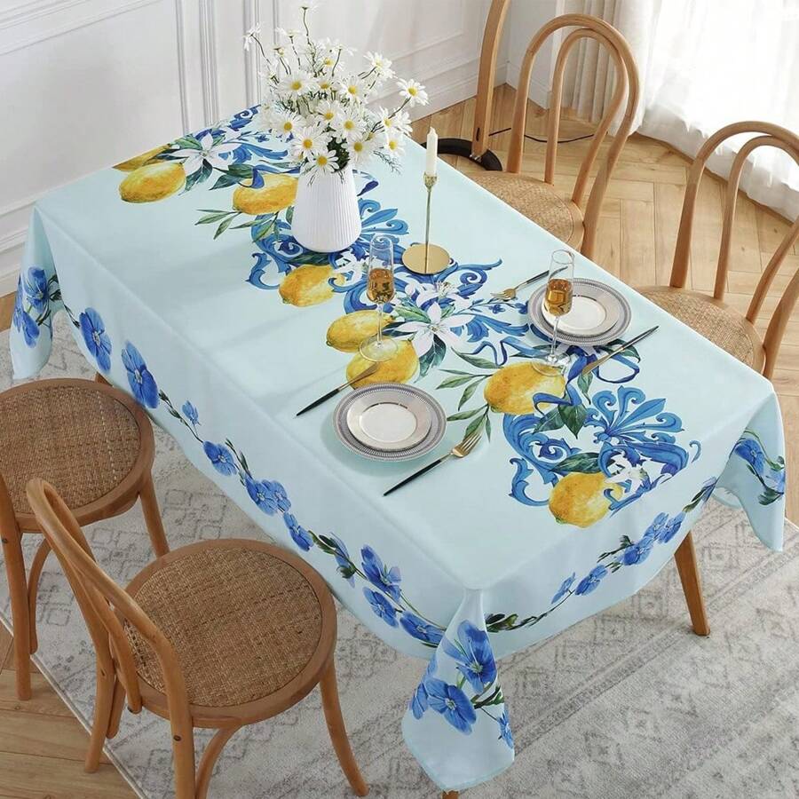 1pc Lemon Printed Tablecloth For Spring And Summer, Italian Style Anti-Stain And Washable Tablecloth For Picnic, Kitchen And Home Decoration - Baby Blue - View 1