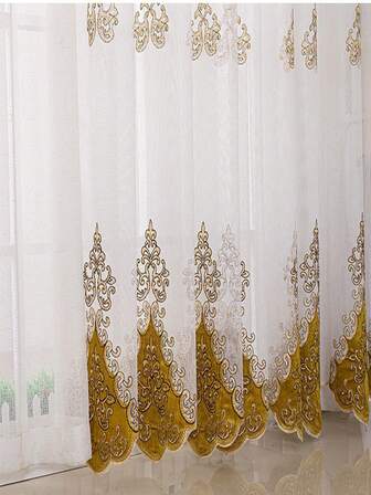 2pcs European Style Luxury Golden Woven Velvet Embroidered Translucent Curtains