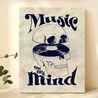 1pc Unframed Canvas Poster, Vintage Art, Music On My Mind Poster, Skull Music Poster, Music Lover Poster Wall Art, Ideal Gift For Bedroom Living Room Corridor, Wall Art, Wall Decor, Room Decoration Gifts Birthday Graduation
