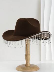 1pc Solid Color Unique Personality Sparkling Rhinestone Tassel Hat, With Shewee Cowgirl Hat, Suitable For Girlcore, Vintage, Floral, Spring Summer Bright Colors, Pink Aesthetic, Novel Punk Style Wide Brim BR Street Fashion, 2024 Wedding Essentials, Classy Aesthetic, Dinner Party Essentials, Suitable For Parties, Western-Themed Events, Gatherings, Engagement Parties, Cosplay, Graduation Ceremonies, Masquerades, Festivals, Weddings, Birthday Celebrations, Music Festivals, Coming-Of-Age Ceremonies Halloween