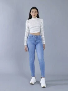 FINTI Jeans ajustados de talle alto y bolsillos. Pantalones skinny para mujer, vístete cómoda y con estilo - Azul lavado medio - Ver 2