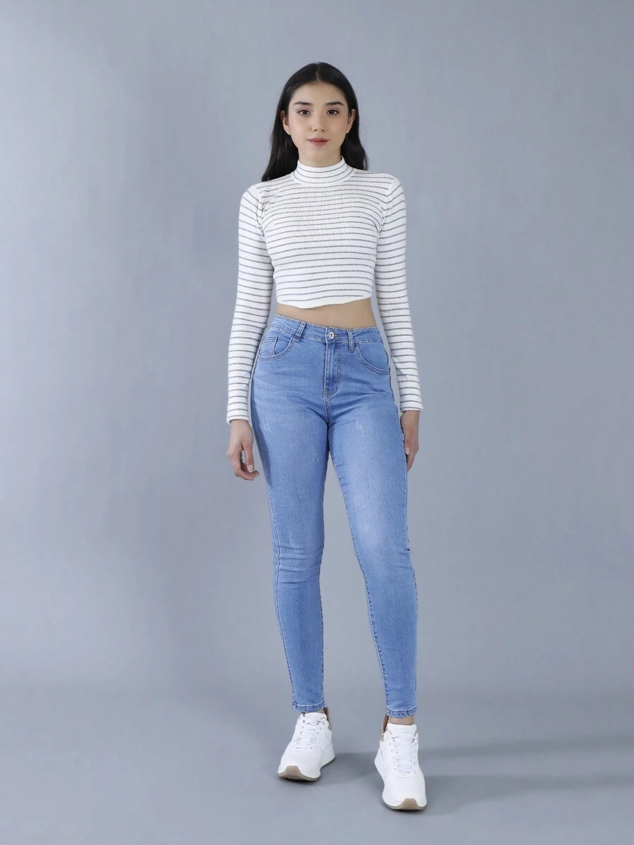 FINTI Jeans ajustados de talle alto y bolsillos. Pantalones skinny para mujer, vístete cómoda y con estilo