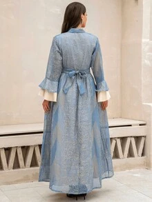 Set de 2 vestidos estilo jalabiya elegantes para mujer al estilo árabe con cuello mao, ajuste regular, tela transparente, decoración brillante, lujoso, versátil para todas las estaciones - Azul - Ver 5