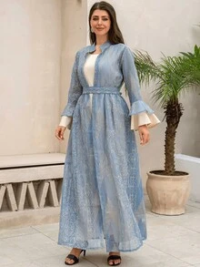 Set de 2 vestidos estilo jalabiya elegantes para mujer al estilo árabe con cuello mao, ajuste regular, tela transparente, decoración brillante, lujoso, versátil para todas las estaciones - Azul - Ver 2