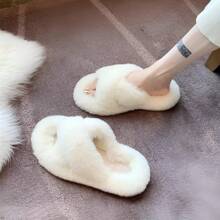 Pantuflas para mujer de casa para mujer con banda cruzada de punta abierta y forro polar de felpa suave, cómodas y antideslizantes. ☆ - Blanco - Ver 2