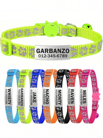 Customized Reflective Personalized Cat Collar, With Detachable Buckle, Bell And Paw Print, Suitable For Small And Medium Male And Female Cats