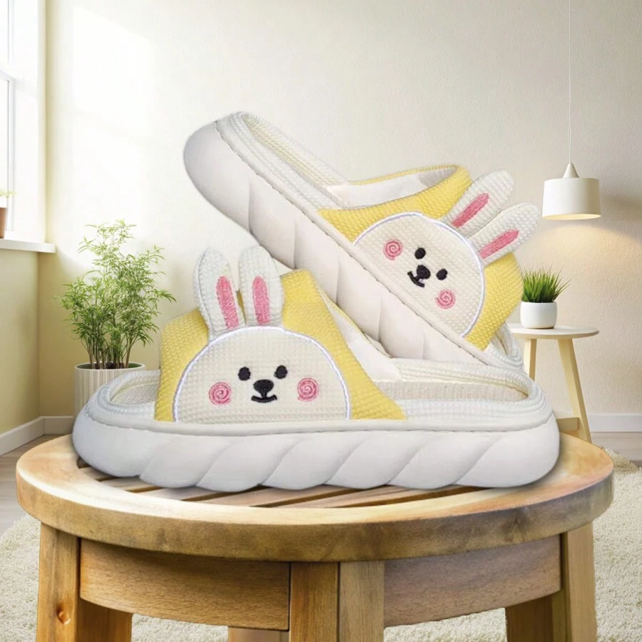 Pantunflas de casa de mujer, Chanclas comodas y suaves de tela. Diseño 3D Conejo - Amarillo - Ver 1