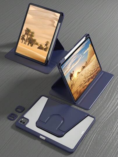 360°旋转iPad保护壳后盖，防震、高抗压、防刮擦，支持睡眠/唤醒功能，兼容内置笔槽，可调节视角 - 海军蓝