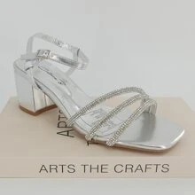 Sandalias de tacón alto grueso con rhinestones, estilo romano, cómodas para fiesta/vacaciones, ideales para fiestas y clubes, de moda para mujer - Plateado - Ver 4