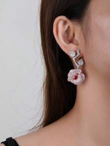 1對時尚奢華立體玫瑰造型鑽石耳環，適用於女士參加派對和場合，搭配晚禮服更是完美 - 花耳環 - 查看 3