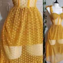 Vestido de corse tela mesh copas semiformadas talle largo cintas para ajustar los tirantes unitalla coquette juvenil sexy moda semitransparente largo comodo elegante - Amarillo - Ver 2