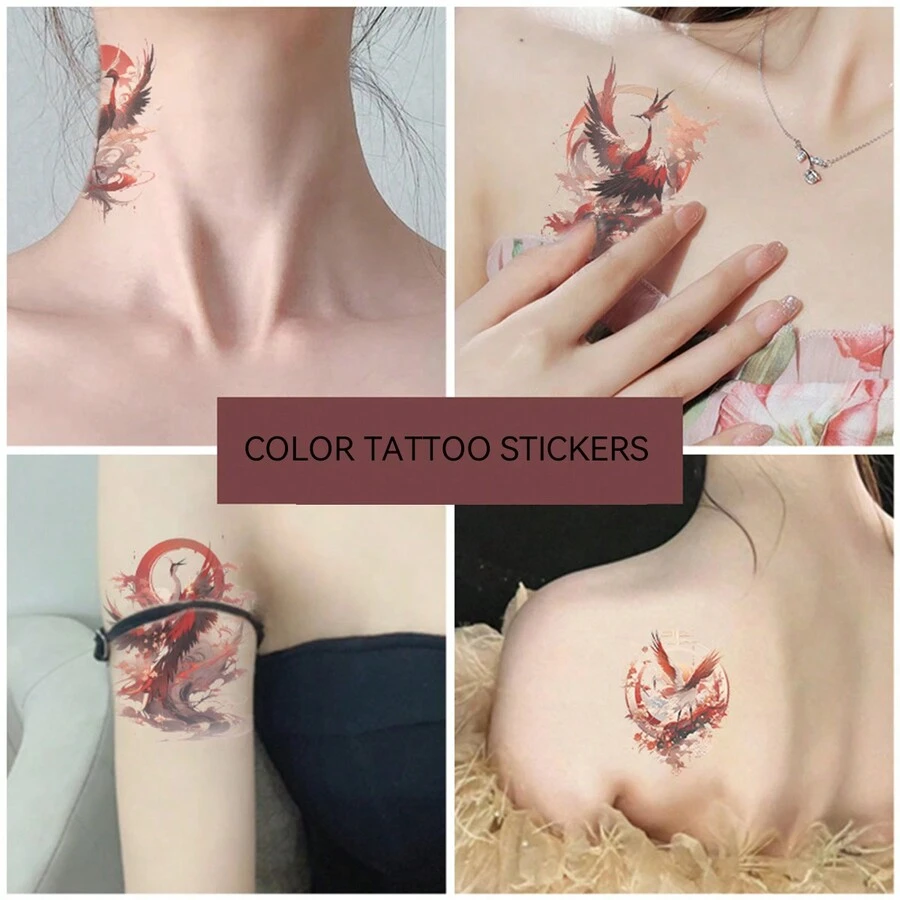 Pegatinas de tatuajes de clavícula de grulla de estilo chino colorido, 10 piezas/paquete, 10 estilos diferentes, realistas y sexy, colores delicados, adecuados para diversas ocasiones - Multicolor - Ver 1