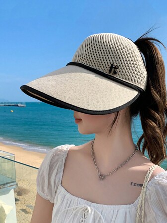 1 件女式纯色春夏针织软边帽，带可调节抽绳，透气网眼上衣，字母标志，适合户外活动、徒步旅行和旅行