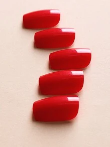 24入組方形短款光澤純色假指甲，包含1片果凍膠和1片指甲文件，膠裝式指甲美容用品 - 紅色 - 查看 3