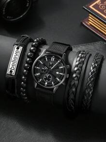 LIANDU LIANDU 男士手表 1 套，带日历功能：休闲、运动、时尚工业风格圆形表盘尼龙表带石英表，朋克风格表带组合，PU 编织环绕式表带非常适合日常佩戴、生日礼物、派对、节日聚会，也是送给自己或朋友的理想礼物（不含盒子） - 黑色 - 查看 3