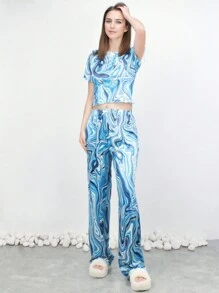 2pcs Women Light Green Knitted Printed Pajama Set, Slim Fit, Thin, Suitable For Home Use In Spring/Summer - Blue - View 3
